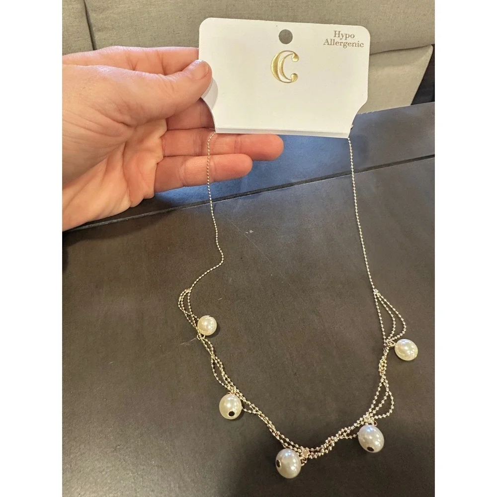 Claire's Pearl‎ Necklace Layered Gold Tone Chain Choker Hypoallergenic Women